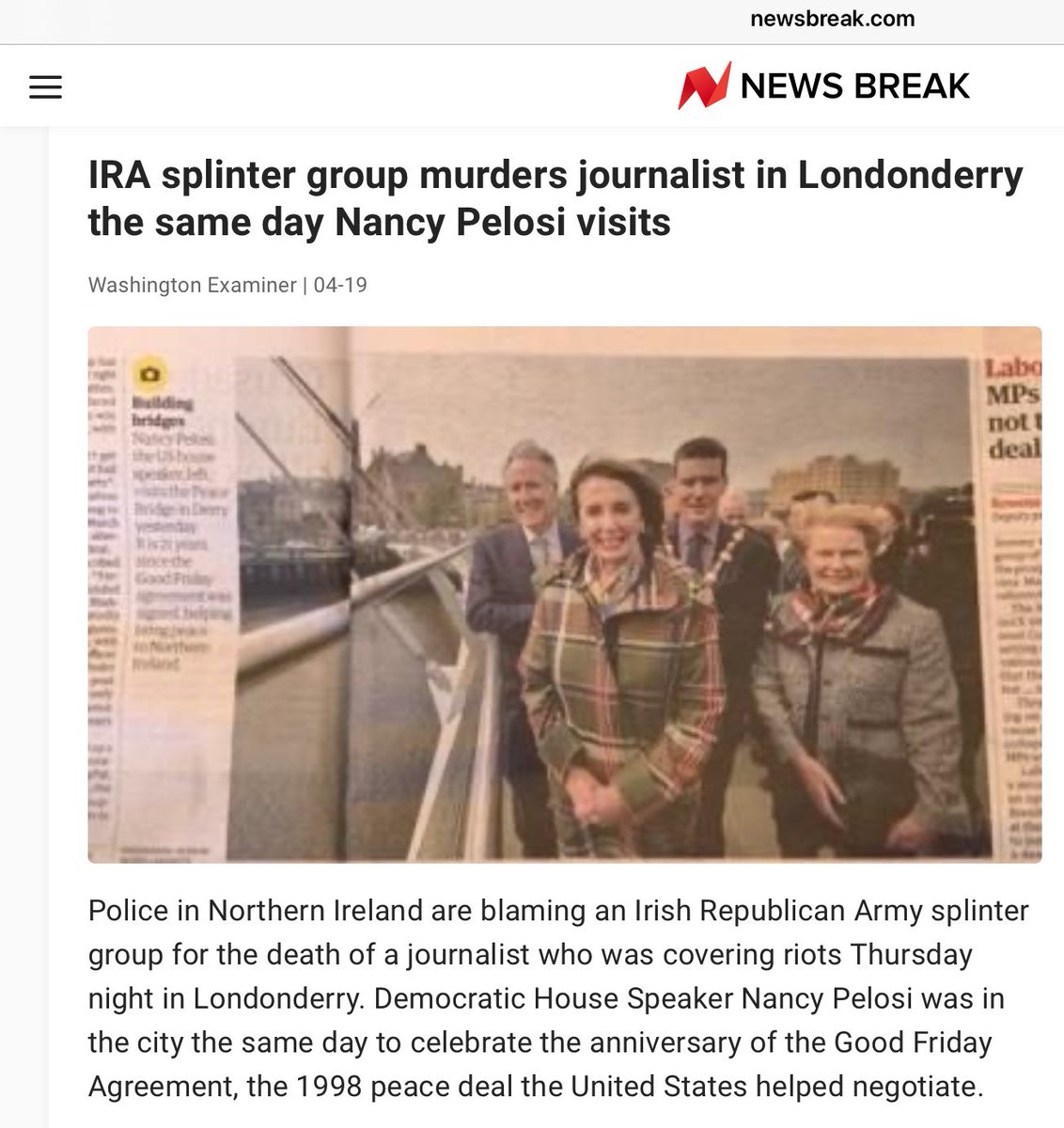 News June 15, 2020 IRA/Pelosi Alleged Connection to USA Riots Uncovered by Sources in Ireland (4/17/2019) Nancy Pelosi visited IRA stronghold in Derry, Londonderry 18 months ago where Lyra McKee (journalist reporting on violence) was shot & killed during riots the next day.  https://twitter.com/dmills3710/status/1125798500674015234