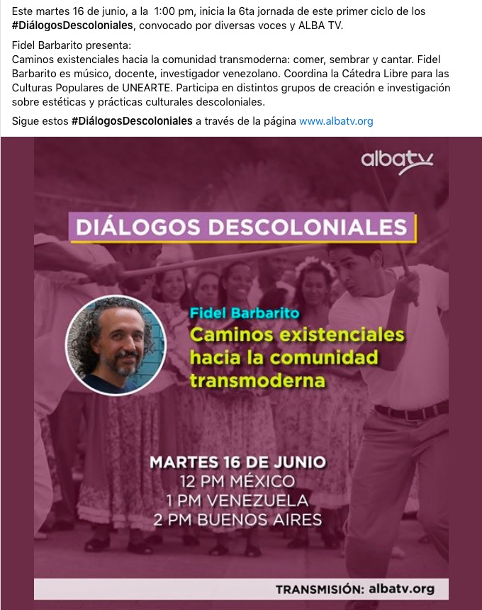 Por aquí vamos a estar en los #DiálogosDescoloniales con el panel Culturas, identidades y estéticas descoloniales gracias a la invitación de <a href="/redalbatv/">ALBA TV</a> 
Se puede seguir el enlace desde albatv.org o directo al canal youtube.com/channel/UCuZ5V…