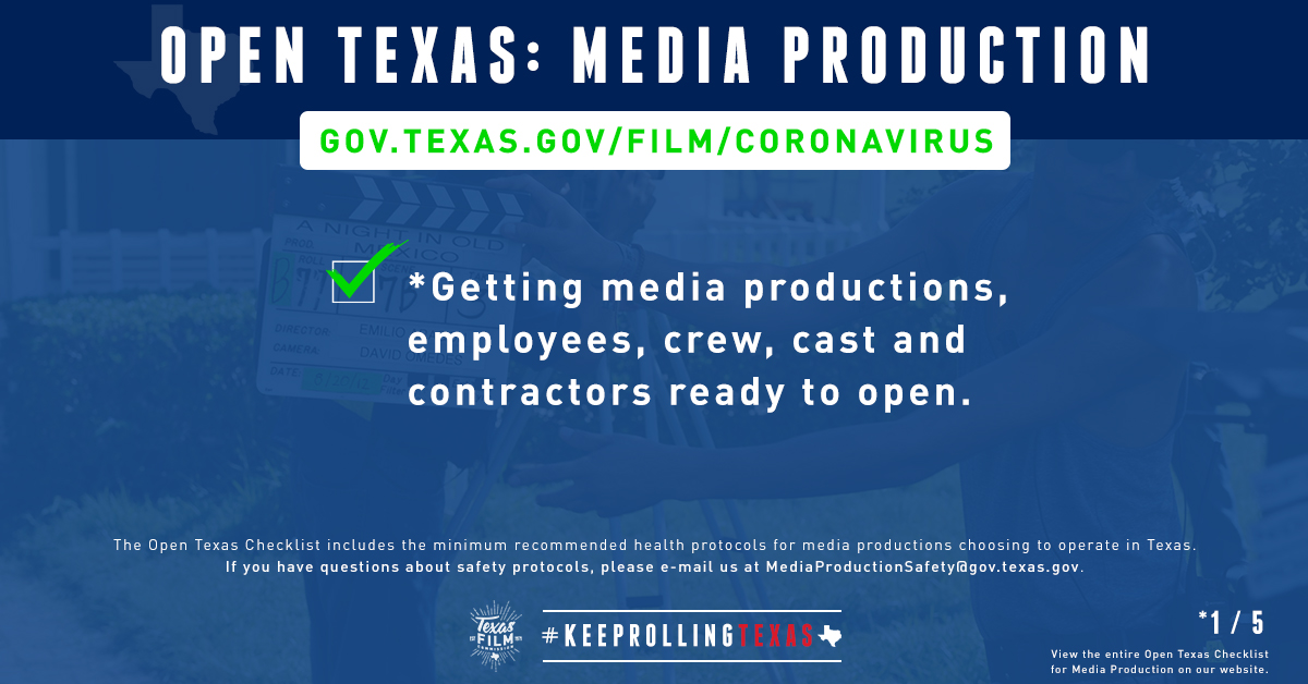 TexasFilmComm's tweet image. (1/5) The first section of the Open Texas Checklist for Media Production is all about getting media productions, employees, crew, cast and contractors ready to open. #KeepRollingTexas

View the entire Open Texas Checklist and register your production at gov.texas.gov/film/coronavir….