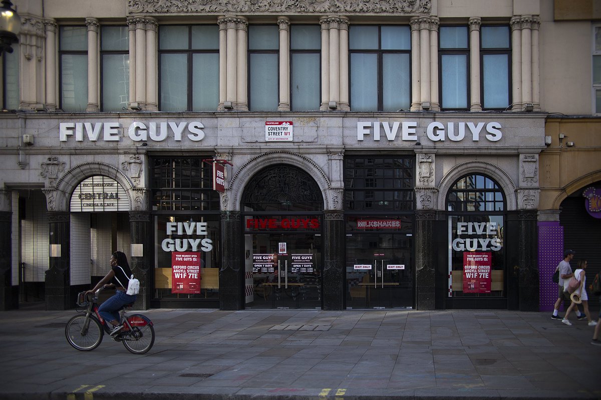 Coventry Street.Home of the original UK branch of 'Wimpy'. Today home to a Five Guys, & the Kindgom of Sweets that sells £2 twixes. Usually full of tourists, pickup artists, and rickshaws, but basically a ghost town for the last few months.