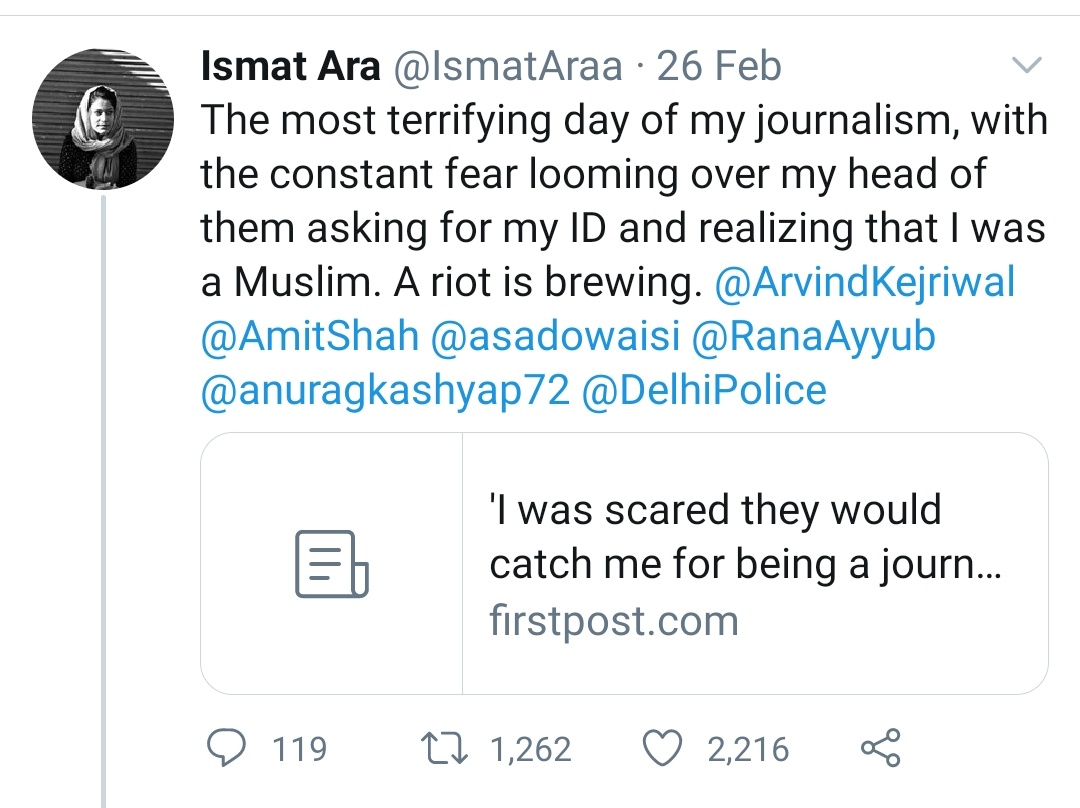 61)  @IsmatAraa  https://www.firstpost.com/india/i-was-scared-they-would-catch-me-for-being-a-journalist-molest-me-for-being-a-girl-lynch-me-for-being-a-muslim-first-person-account-from-maujpur-8085851.html