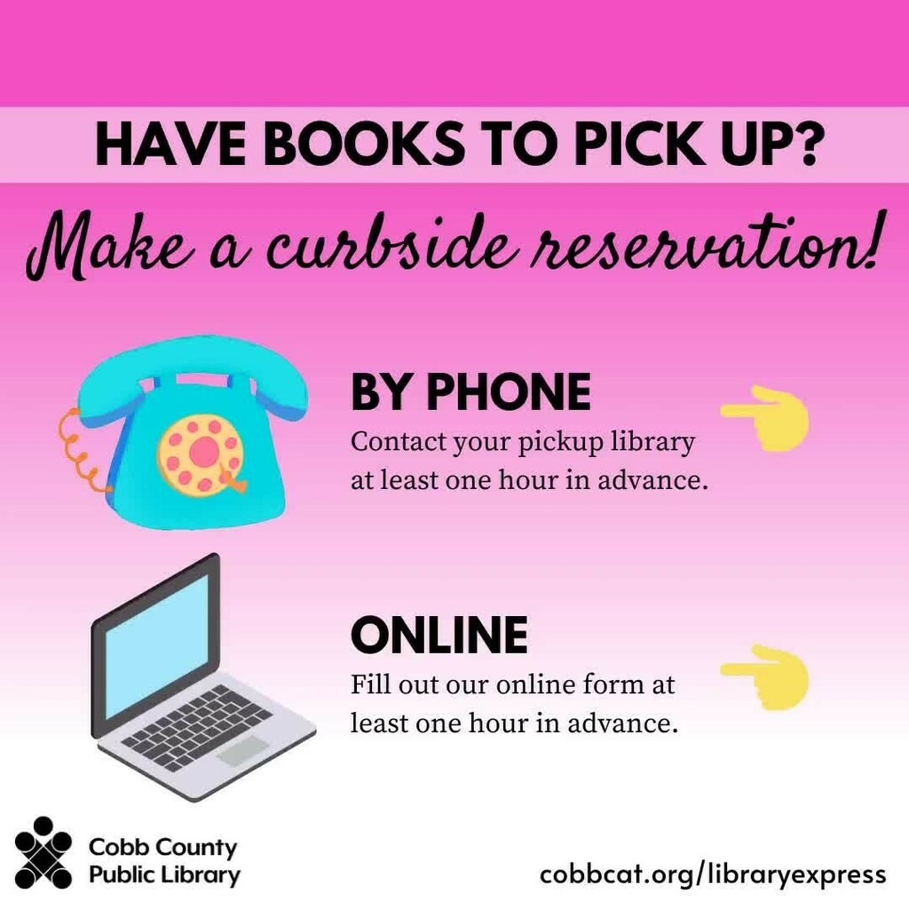 cobblibrary's tweet image. Do you have holds to pick up? Make a curbside reservation! Call your pickup library or fill out a form online (ift.tt/2Y56wuL) to schedule a time to get your holds!
.
Visit cobbcat.org/libraryexpress for more information.
.
#libraryexpress #cursi… instagr.am/p/CBd-dtkHBy1/