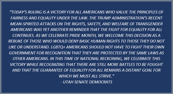 UtahSenDems's tweet photo. 1/ The Utah Senate Democrats issued the following statement in response to the United States Supreme Court’s Landmark decision on workplace discrimination law: https://t.co/h7cQLPE7Lh