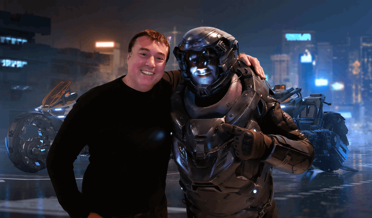 Even though the background is photoshopped for the coolness factor, this is the legendary  @croberts68 and I in  #UEE heavy marine  #cosplay at the  #StarCitizen LA studio Live show taping. This is one of my favorite photos!