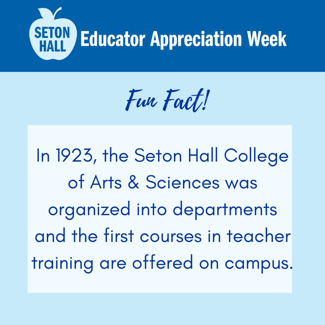 SetonHallAlumni's tweet photo. During Educator Appreciation Week we will share a #FunFact with you everyday at 6p.m.! Check out our first fun fact of the week!
@SetonHall @SetonHallSAA #SetonHallStrong https://t.co/rmne7YnrsC
