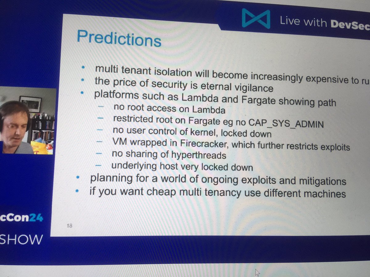 barschachner's tweet photo. Interesting insights into container security from @justincormack 

Especially interesting conclusion: „if you want cheap multi-tenancy use different machines“ https://t.co/U026dnd2eA