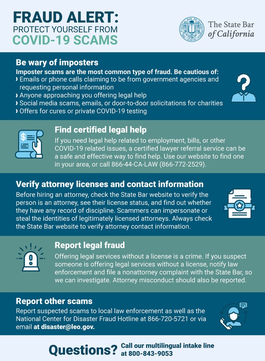 StateBarCA's tweet image. As #COVID19 related methods to exploit consumers will likely continue, we urge the public to remain vigilant. Visit the State Bar’s website to find out more about how to protect yourself: ow.ly/2tYS50A8y7j