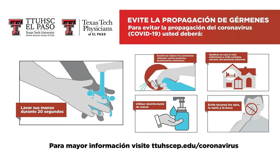 TTHealthElPaso's tweet photo. Help us stop the #spreadofgerms by following these 5 simple steps!
To view the infographs in English and Spanish and for more COVID-19 information and resources, please visit our coronavirus micro site at https://t.co/qYm0g3Rxgo.
#ttuhscep #covid19 https://t.co/ZerIHsauLy
