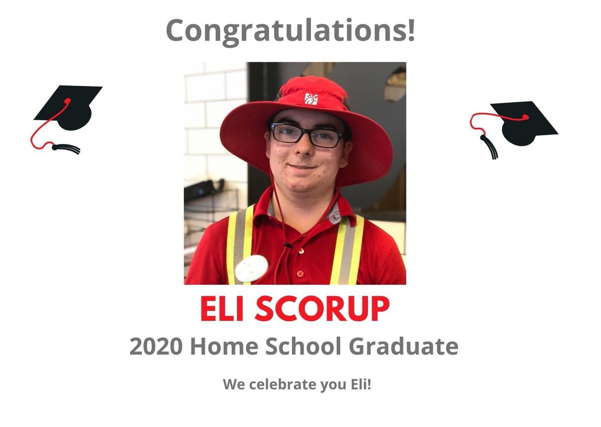 ChickfilaWards's tweet photo. We finish up spotlighting our team member graduates:
Eli Scorup- 2020 Home School Graduate. Congratulations! We are so proud to celebrate ALL of you! https://t.co/CZjD6RZAwC