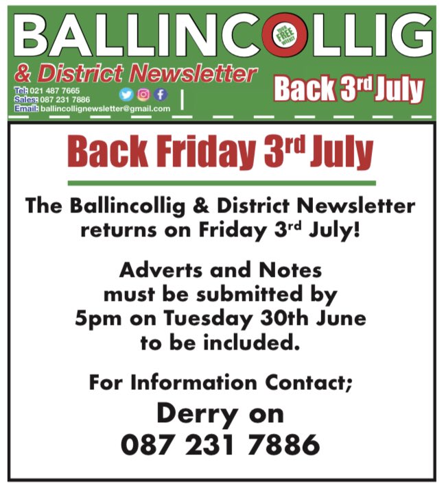bcollignews's tweet photo. The Ballincollig &amp; District Newsletter returns on Friday 3rd July!#supportlocal
@BallincolligTT @Ballincollig_CU @BallincolligGAA @BallincolligB @o_connells @corkcitycouncil @Lakewood_1 @BallincolligRFC @balcsie @colaistechoilm @GSUiRiordain https://t.co/q1H8ZmFIuC