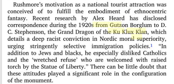 alexheard's tweet photo. I wrote about Rushmore's carver, Gutzon Borglum, in the New Republic in the early 90s. That's not available online, but here's the basic idea from a book that mentioned my article. He also worked on the Confederate carving at Stone Mountain in Georgia: https://t.co/ibUF6e2bzJ https://t.co/yagzPrecWw