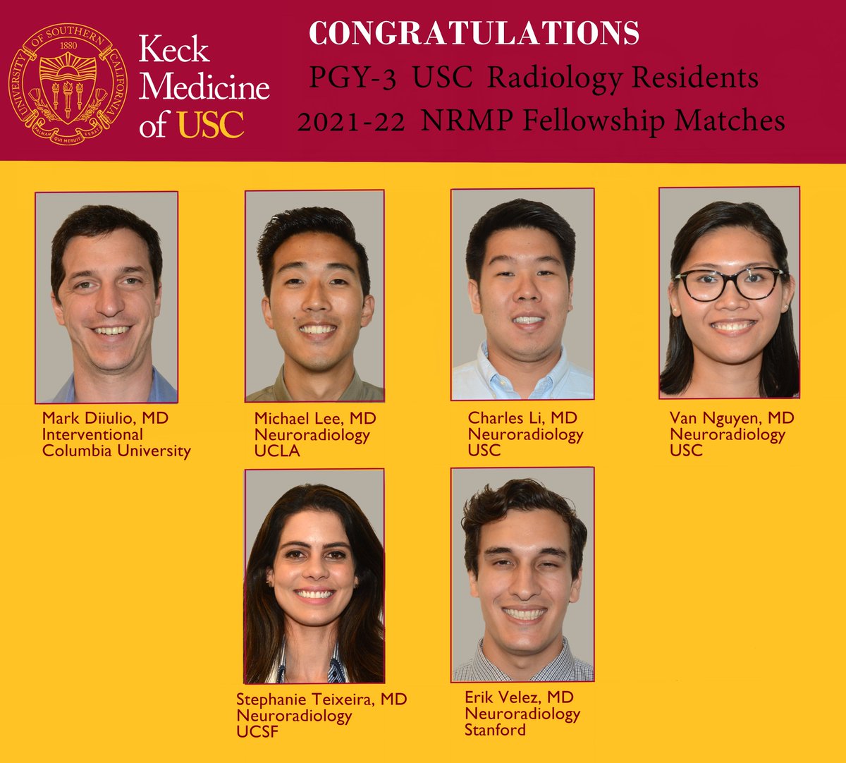 Radiology of USC (@radiologyusc) on Twitter photo THRILLED for the talent we are keeping, PROUD of the talent we send forth! Congratulations to @KeckMedUSC's PGY-3 Radiology Residents on your <a href="/TheNRMP/">NRMP®</a> Fellowship Matches! #FightOn @USCneurorads <a href="/USC_IR/">USC IR</a> <a href="/ColumbiaVIR/">Columbia VIR</a> <a href="/UCLANeurorads/">UCLA Neuroradiology</a> <a href="/stanfordneuroi1/">stanfordneuroimaging</a> <a href="/UCSFimaging/">UCSF Imaging</a> THRILLED for the talent we are keeping, PROUD of the talent we send forth! Congratulations to @KeckMedUSC's PGY-3 Radiology Residents on your <a href="/TheNRMP/">NRMP®</a> Fellowship Matches! #FightOn @USCneurorads <a href="/USC_IR/">USC IR</a> <a href="/ColumbiaVIR/">Columbia VIR</a> <a href="/UCLANeurorads/">UCLA Neuroradiology</a> <a href="/stanfordneuroi1/">stanfordneuroimaging</a> <a href="/UCSFimaging/">UCSF Imaging</a>