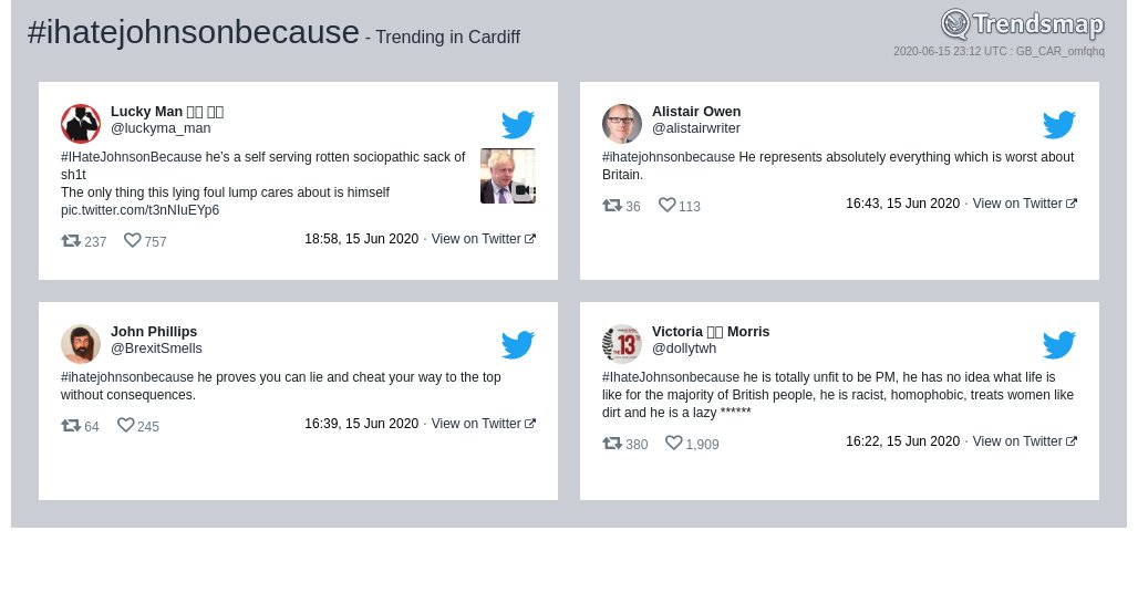 #ihatejohnsonbecause is now trending in #Cardiff

trendsmap.com/r/GB_CAR_omfqhq