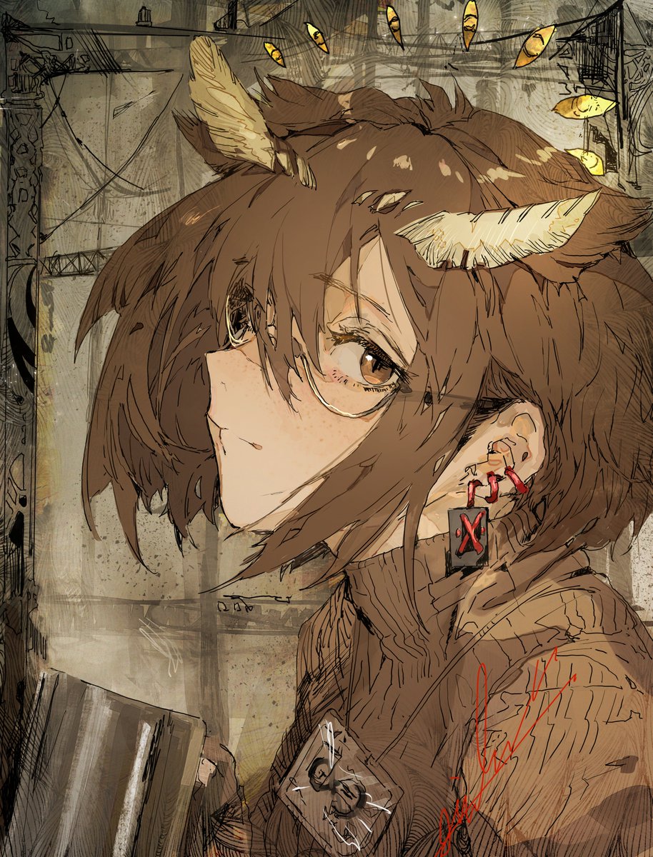 silence (arknights) 1girl brown hair solo glasses short hair jewelry feather hair  illustration images