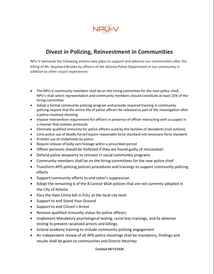 TUA_ATL's tweet photo. #NPUv is the community that the unjust killing of #RayshardBrooks happened in. As a community we met and composed a list of demands for our elected officials. Our NPU V president, Columbus Ward has provided a copy to said officials and to the public. As you go forth, be mindful. https://t.co/NoWI0qRCEX