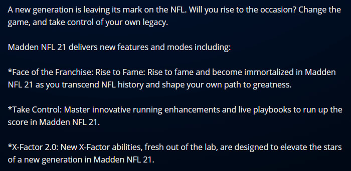 bryan wiedey on Twitter: "First feature details Madden NFL 21 leaked from PlayStation Store Denmark. but at least something... confirms free upgrade PS4 version to PS5 matching Xbox