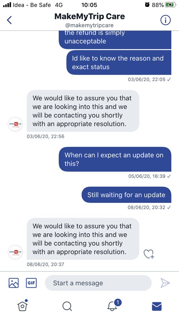 hjdeshpande's tweet photo. Having absolutely worst experience dealing with @makemytripcare. Fed up with the chatbot on website I tried PM here with no respite. No update on refund for @airmauritius flights since April. The only response they have is a false assurance! 
@DeepKalraMMT @IATA https://t.co/gCJemoTCiD