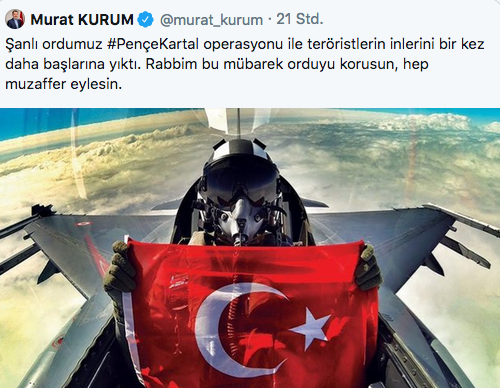 Türkische Bomberpiloten posieren mit der Flagge in der Luft und der türkische Umweltminister preist mit religiösen Sprüchen seine Armee, die gerade jezidische Dörfer im Irak bombardiert. Kein Protest der NATO. Kein Protest der EU. Kein Protest der Bundesregierung.