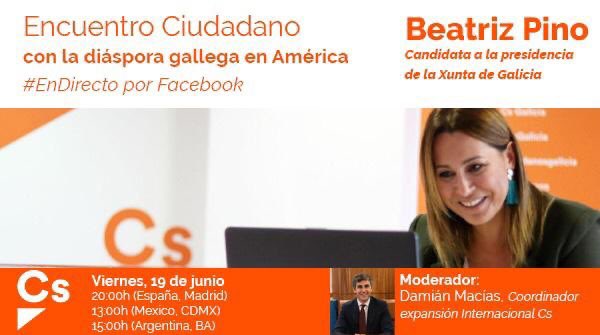 CsEnChile's tweet photo. Este viernes 19 a las 14:00 h (hora de 🇨🇱 Chile) en streaming vía Facebook Live

“Encuentro Ciudadano @Beatriz_Pino_ con la diáspora gallega en América.”

@CsGalicia @Beatriz_Pino_ https://t.co/SovlLJeSw2