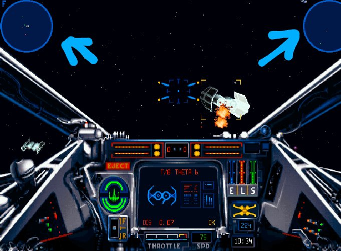 Radar gets its own tweet because there's a lot to break down here. The forward and rear screens appear to have been replaced by a single, isometric radar. The lower quadrant seems to be stuff that's behind the pilot. Star Destroyer is dead center, wingmates to the side.6/?