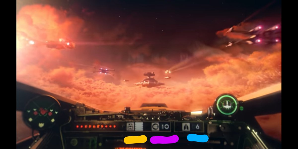 This shot from the end of the trailer is actually our clearest shot of the X-Wing UI.You can see the shields, laser, radar, and what appear to be astromech and ordinance trackers in the middle. 5/?