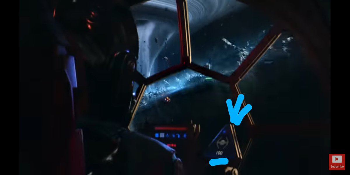 This shot is pretty straight forward, we see a sillouette of the TIE & the number 100. Which seems to be a health indicator. We can also see this indicator in the original TIE Fighter UI.We also see this board again late in the trailer. 11/?