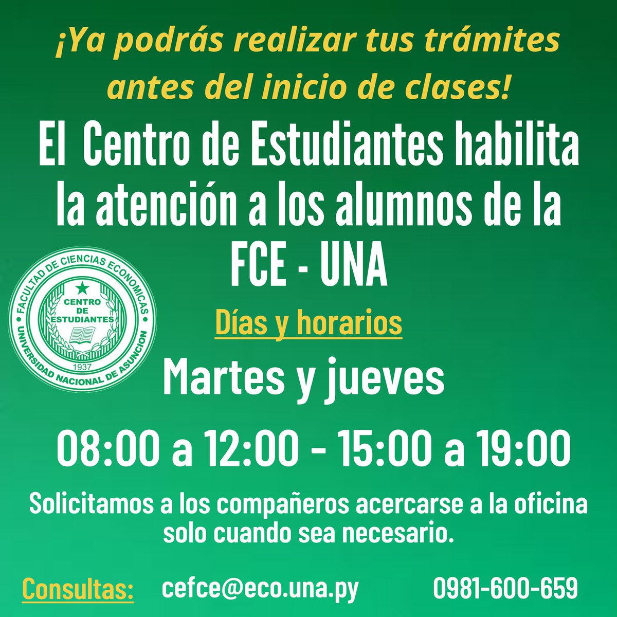 cefceuna's tweet photo. Habilitamos el CEFCE para que puedan realizar sus gestiones del semestre con todas las medidas sanitarias necesarias🧼🚰
.
➡️ Les recordamos que hay gestiones que pueden realizarse de manera virtual, por ende, los esperamos sólo de ser necesario y así cuidarnos mutuamente🙌🏼💚 https://t.co/UpNSGQBbTt
