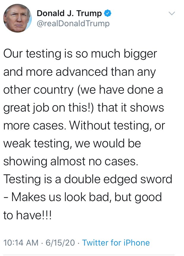 Straight from the jackass’ tweets. No testing = no cases. Because it’s better to have a thousand deaths a day due to undiagnosed reasons.
