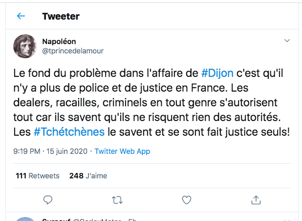 Today's events have been widely discussed by far right/nationalist/traditionalist Twitter accounts. Many decided to side with the Chechens. Why ? They are getting rid of the "scum" (la racaille) and "seeking justice themselves" when the French state is failing.