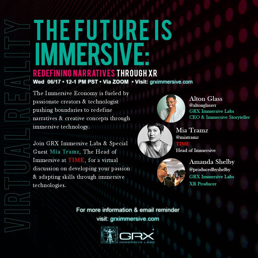 Tap into rising digital ecosystems &amp; empower yourself to craft your own narrative &amp; engage with communities through immersive technologyWednesday! Join <a href="/AltonGlassVR/">Alton Glass</a> &amp; <a href="/miatramz/">Mia Tramz</a> this wednesday @ 12 PM PST to learn how to redefine your narrative! bit.ly/2AEGeGz #VR #XR