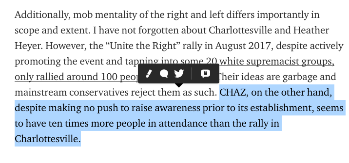 Kevin is banking on the latter sounding scary in having us forget that charlottesville people beat clergy and ran a woman over with their car until she died, and CHAZ is like a bunch of undergrads in a park chalking muralsbut reality, like life in jurassic park, finds a way