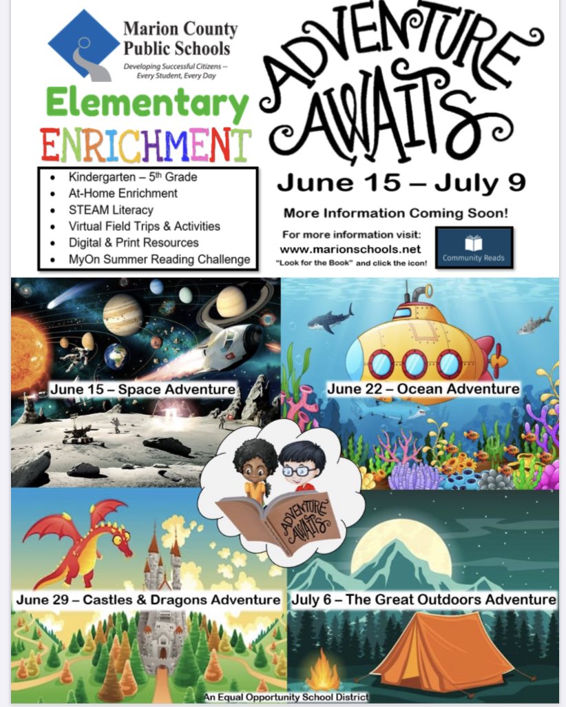 Adventure Awaits is a fun and engaging enrichment opportunity for K-5 students. This week we launch into Space! ⁦<a href="/MCPS_Elementary/">🍎 MCPS Elementary Education</a>⁩ - Just “Look for the Book” - marionschools.net