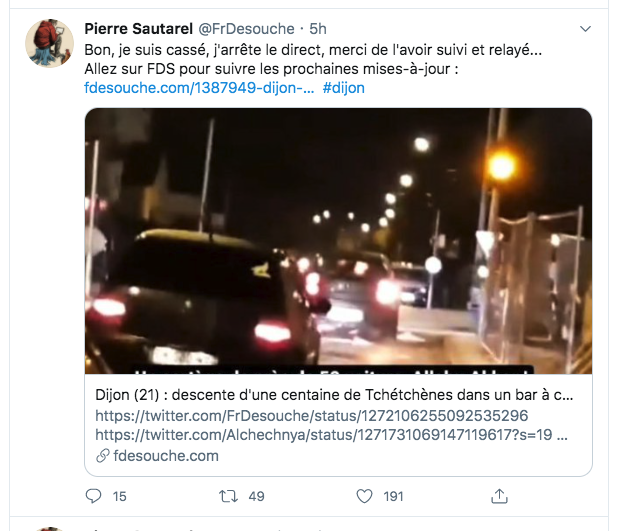 For example, the French website Fdesouche, whose main activity is to offer a news review of events and articles carefully catered to fit their far-right nationalist and traditionalist editorial line. The founder has been tweeting all day about the street fights in Dijon.
