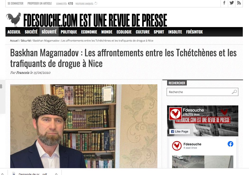 A few hours ago, he integrated on his site this interview with a Chechen community leader from Nice that was originally published on Tergam (a Chechen information portal in France) in April.  https://tergam.info/2020/04/26/baskhan-magomadov-les-affrontements-entre-les-tchetchenes-et-les-trafiquants-de-drogue-a-nice/?lang=fr