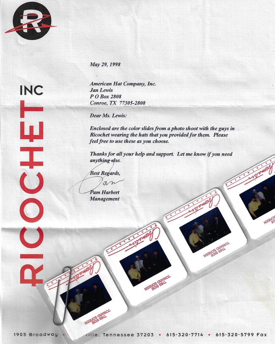 AmericanHatCo's tweet photo. #HatHistory🇺🇸 Okay now THIS is cool! This is a 1998 letter from the band, Ricochet. The old color slides are laying on top of it! These were used on projectors or to print the images out! #hatfactor https://t.co/A8Vwcxu3RX