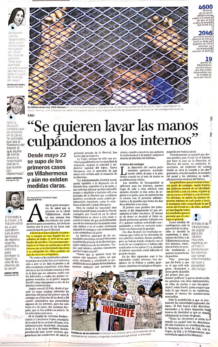 HARVYMOSQUERA's tweet photo. #Leenos en @elpaiscali 📰
Ante la grave situación de contagio por #Covid_19 en Privados de la Libertad y ausencia de @USPEC_Colombia he solicitado que sea @MinInterior el que asuma de forma directa la responsabilidad de lo que suceda con cárcel de #Cali @INPEC_Colombia https://t.co/mTFa4l9y8h