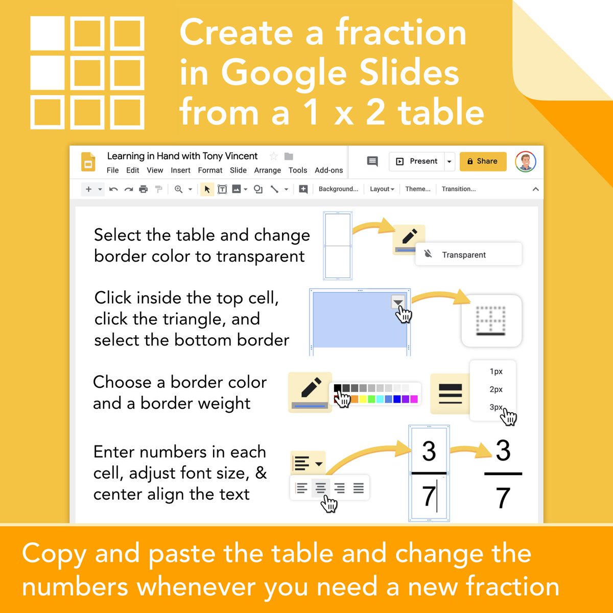 Tony Vincent (@tonyvincent) on Twitter photo 💡 Use a table to build a fraction in Google Slides and Drawings. The numbers and the vinculum (a.k.a. fraction bar) all move together and the numbers are easy to change. (Hat tip to
<a href="/ericcurts/">Eric Curts</a>) 💡 Use a table to build a fraction in Google Slides and Drawings. The numbers and the vinculum (a.k.a. fraction bar) all move together and the numbers are easy to change. (Hat tip to
<a href="/ericcurts/">Eric Curts</a>)
