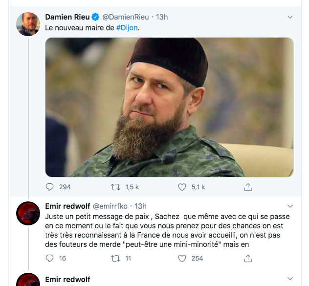 This other far-right leader, on the angry side, joked about Kadyrov becoming mayor of Dijon (we're deep into municipal elections). A Chechen answered with a "peace message", stating that they are grateful to France for welcoming them, hardworking, and just want to be in