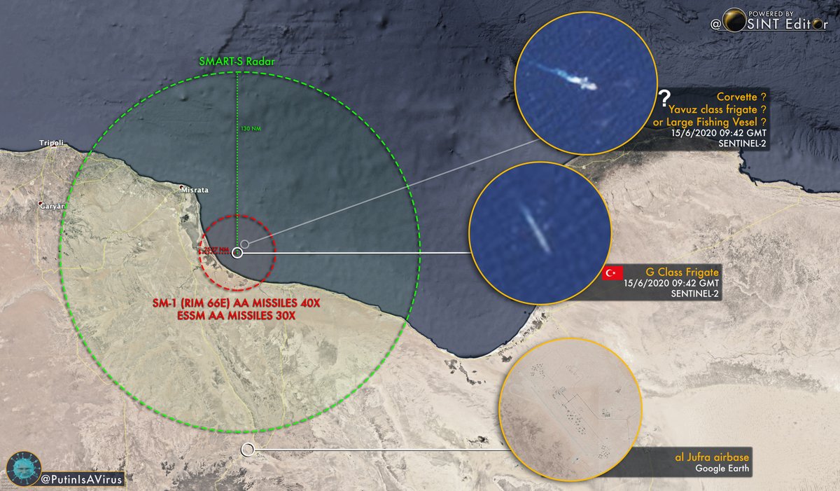 Once more we caught what should be a G Class Frigate #Turkey operating south of Misrata #Libya in what appears to be her new area of operations. Radar/weapons range of the frigate should help giving an idea why she is there. #OSINT #Navy <a href="/PutinIsAVirus/">Putin is a Virus</a>