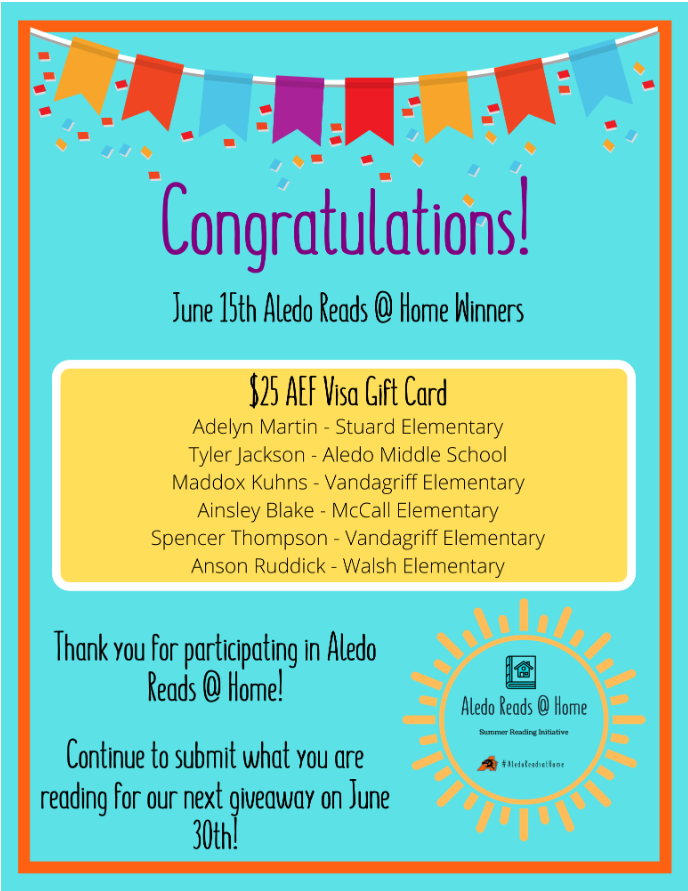 AledoISD's tweet photo. Congratulations to our first group of students winners for Aledo Reads @ Home! https://t.co/bklIRCbEms