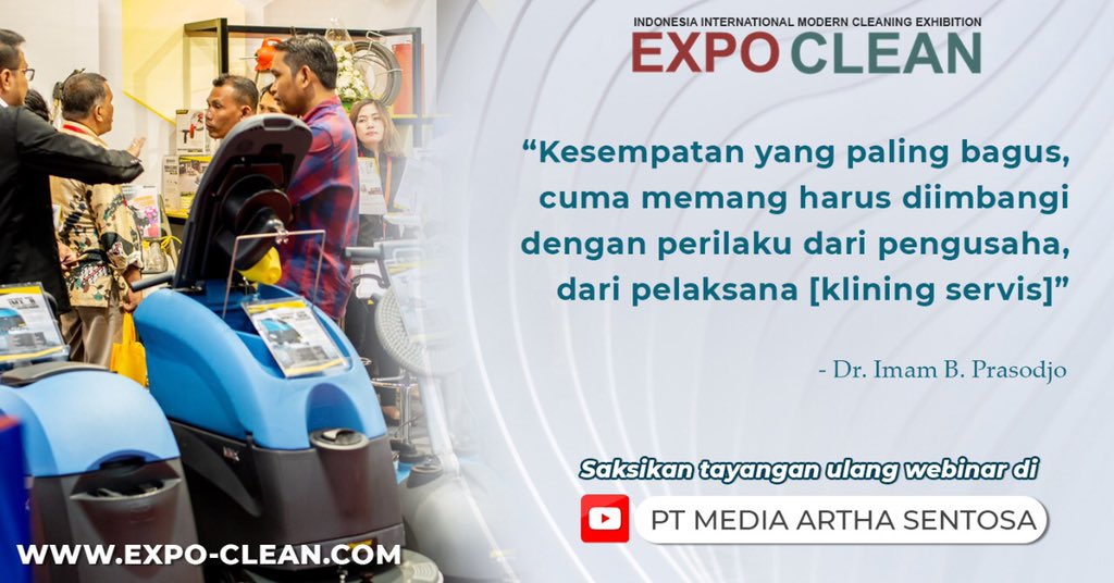 expocleanind's tweet photo. Peluang usaha klining servis pada new normal paska PSBB sangat besar menurut Dr. Imam B. Prasodjo
Tonton tayangan ulang di channel youtube Media Artha Sentosa!
#expoclean #apklindo #kliningservis #cleaningservice #indonesiabersih #mediaarthasentosa https://t.co/CgbgwlKTy7
