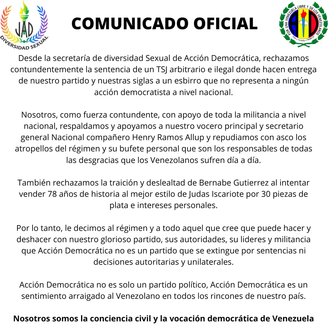 JADDIVERSIDAD's tweet photo. Desde la Secretaría de Diversidad Sexual de la @JAD_Venezuela  reafirmamos nuestra lealtad y compromiso con nuestro partido y con nuestra junta directiva dirigida por @hramosallup , décadas de lucha Democrática no se opacarán por una mala jugada del régimen

#ADesDeLosVenezolanos https://t.co/NJsditlb3Z