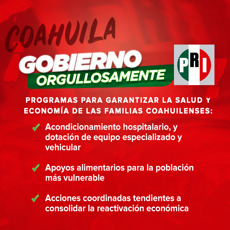 El Gobernador de Coahuila, <a href="/mrikelme/">Miguel Riquelme</a>, trabaja para garantizar la salud de los coahuilenses; y, de manera responsable y planificada, avanza en la ruta de la reactivación económica.
¡Sumando esfuerzos, nada nos detiene!
#ElPartidoDeMéxico #ElPartidoDeCoahuila