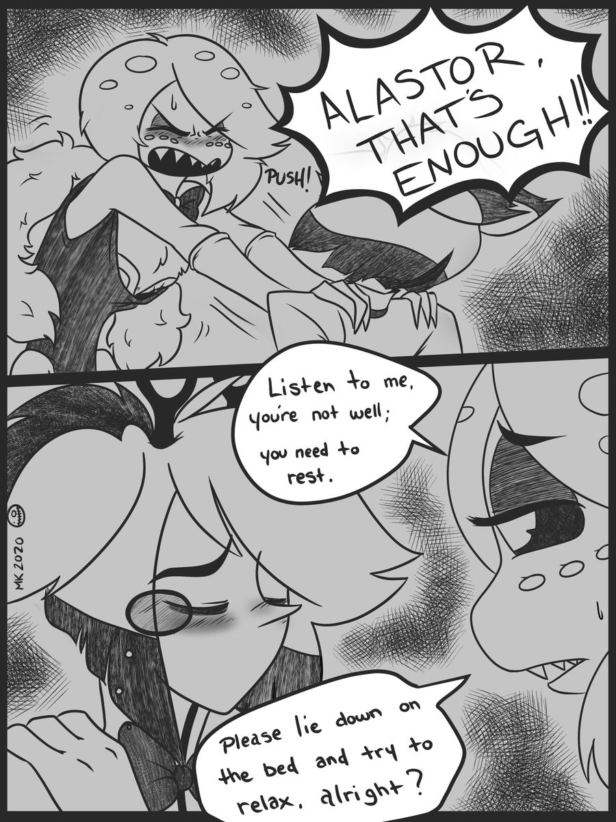 mari_keiyou's tweet photo. Alastor discovers something softer, and Angel has to put his foot down.
I'm hoping to get back into a more consistent flow with the comic, timing was rather...meh though. Here's hoping for better days! #HazbinHotel #Radiodust #hazbinfancomic https://t.co/UkTtcDXJBU
