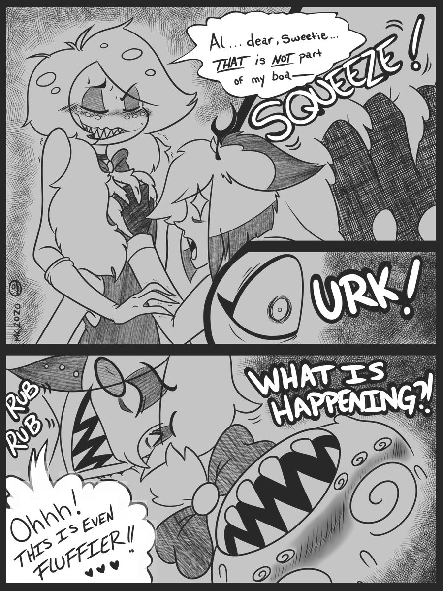 mari_keiyou's tweet photo. Alastor discovers something softer, and Angel has to put his foot down.
I'm hoping to get back into a more consistent flow with the comic, timing was rather...meh though. Here's hoping for better days! #HazbinHotel #Radiodust #hazbinfancomic https://t.co/UkTtcDXJBU