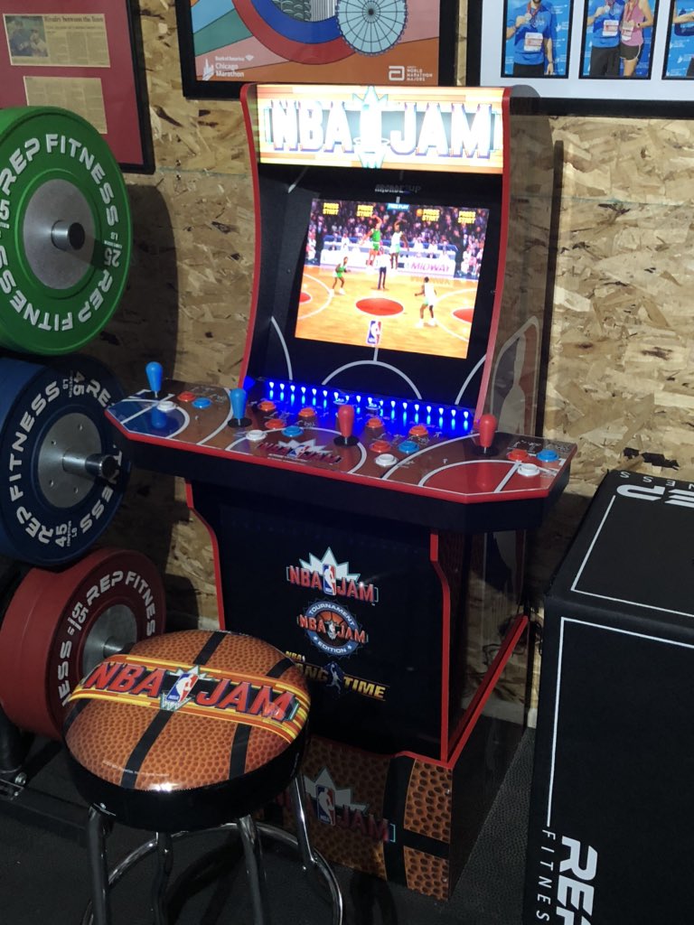 The garage gym mancave is now ON FIRE! @arcade_1up #NBAJam #ChildhoodFavorite