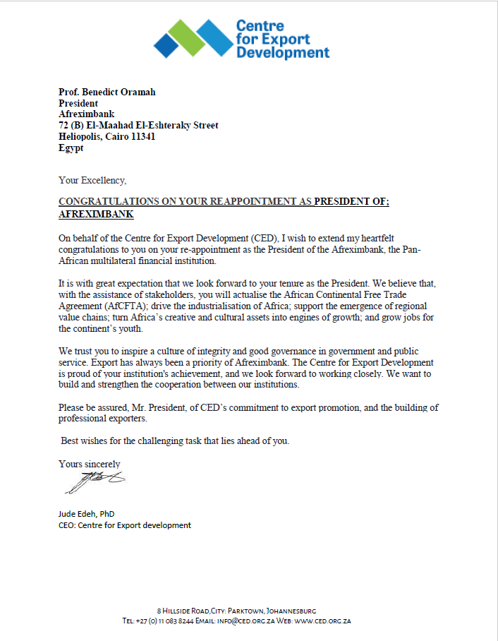 CentreExportDev's tweet photo. The Centre for Export Development congratulates Prof Benedict Oramah on His reappointment as President of - African Export-Import Bank (Afreximbank) #Africa #ced #2020vision #au #diaspora #mauritius #senegal  #zambia #africarising #diaspora #mauritius #centreforexportdevelopment https://t.co/qRz3uB8kdy