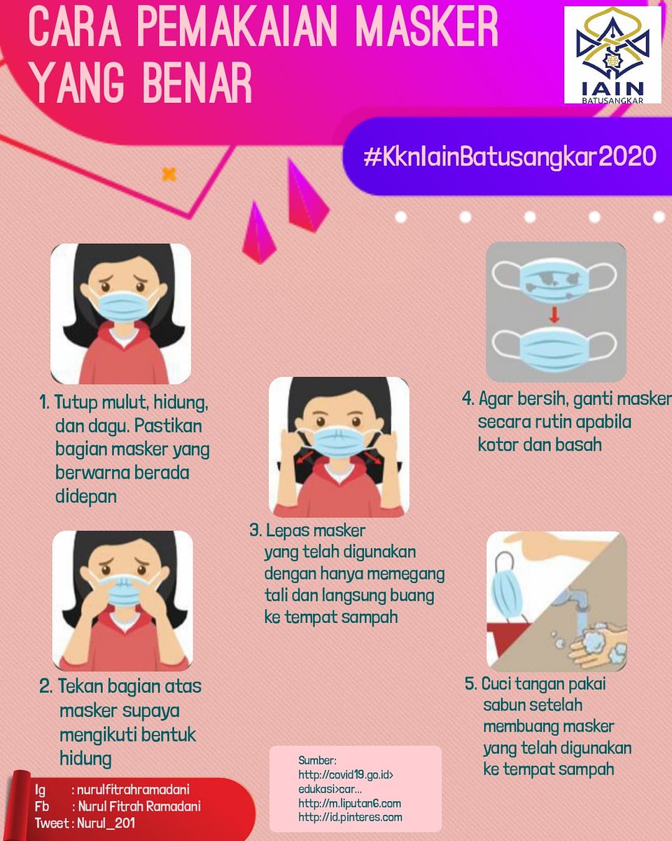 NurulFR201's tweet photo. Masker memang menjadi salah satu sarana utama untuk menghalangi penularan virus atau bakteri ke dalam tubuh melalui mulut atau saluran pernapasan. Penggunaan masker juga disarankan guna mencegah penularan virus corona (Covid-19). 

#kkniainbatusangkar2020 
#healthy https://t.co/LhpDMpHitv