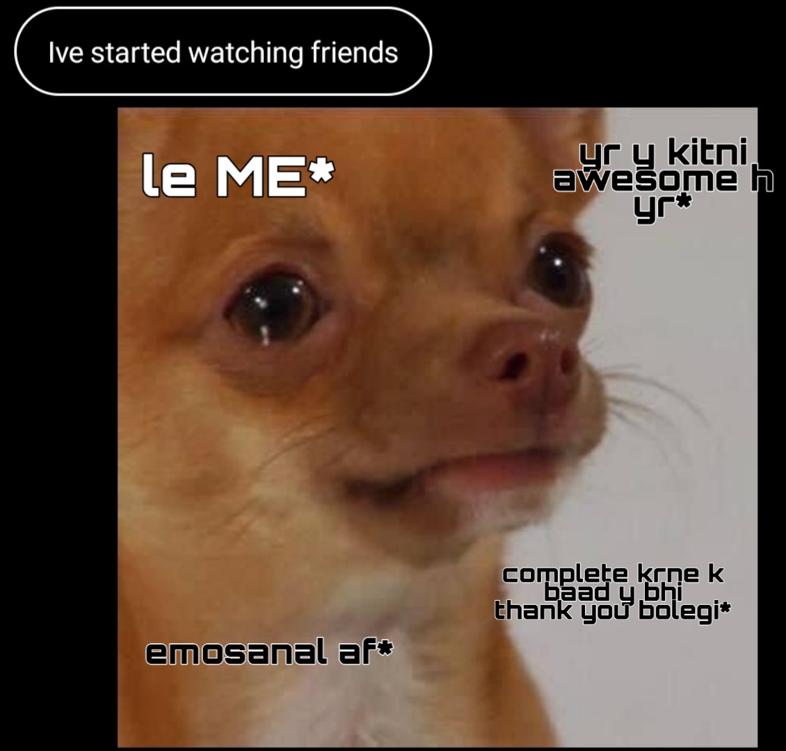 AnxiousPanda4's tweet photo. When your friend starts watching F.R.I.E.N.D.S so as to relate to your references; https://t.co/jfeEELTxZt