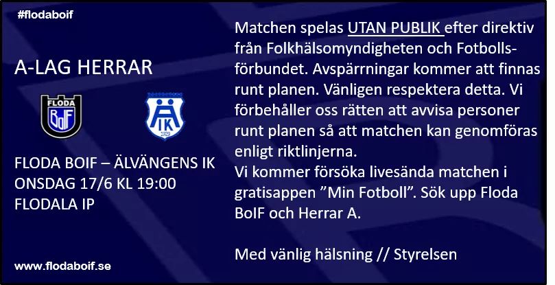 Äntligen premiär. Vi hälsar <a href="/alvangensik/">Älvängens IK</a> och domarna välkomna till Flodala. Publiken hänvisar vi till vår livesändning via appen Min Fotboll.